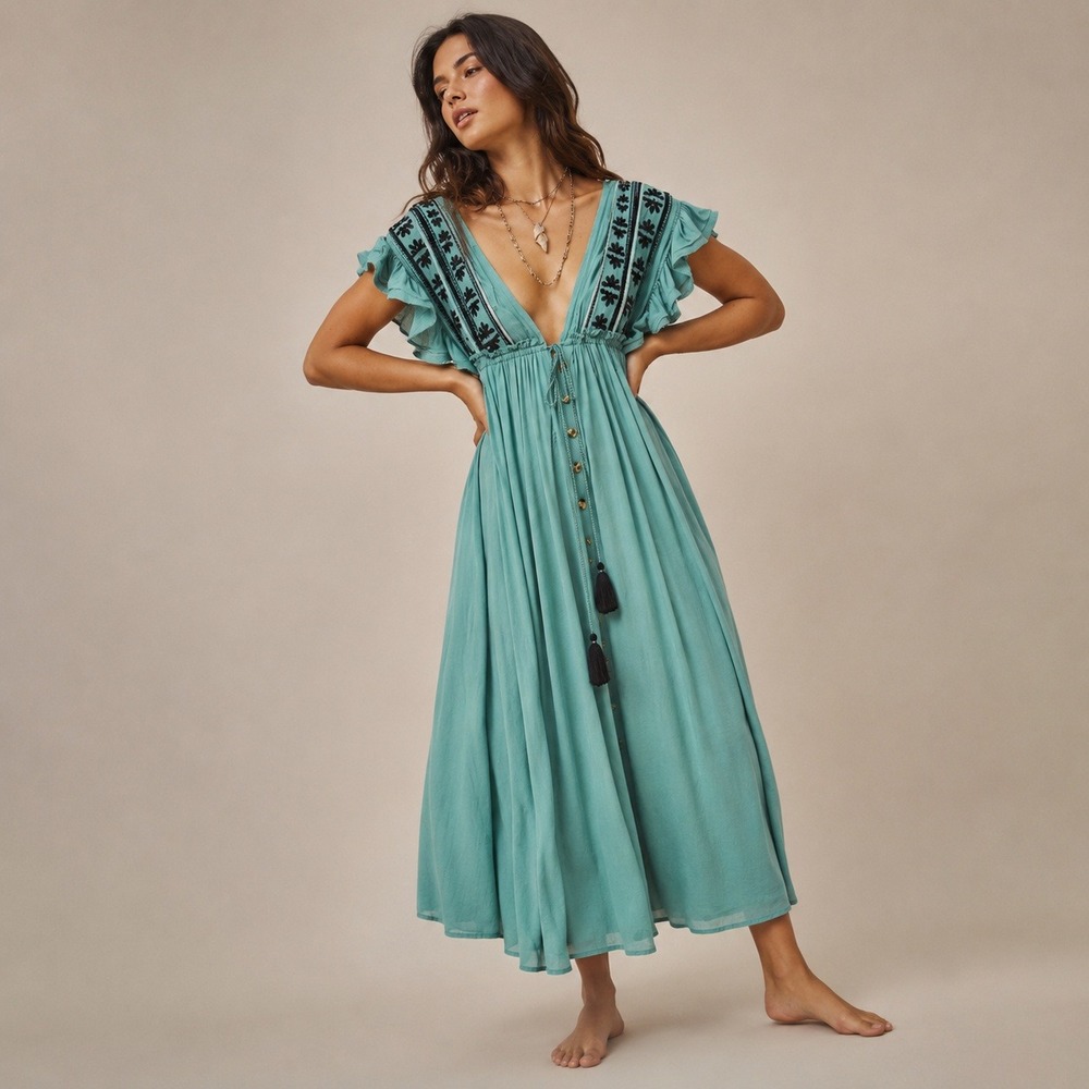 Free People Southwest Lace Maxi Dress Sage Green Embroidered Tassel Boho XS